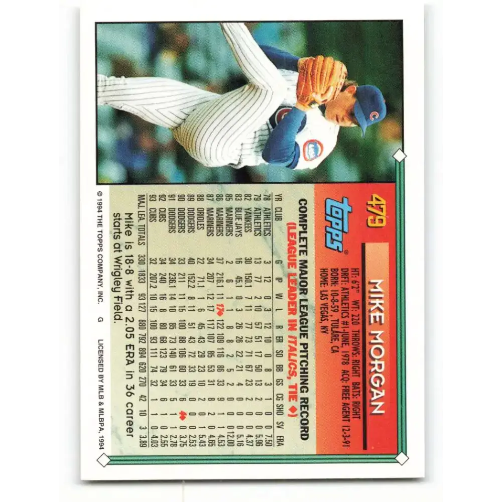 1994 Topps #479 Mike Morgan EX Excellent Chicago Cubs Baseball Card - Baseball Card Single