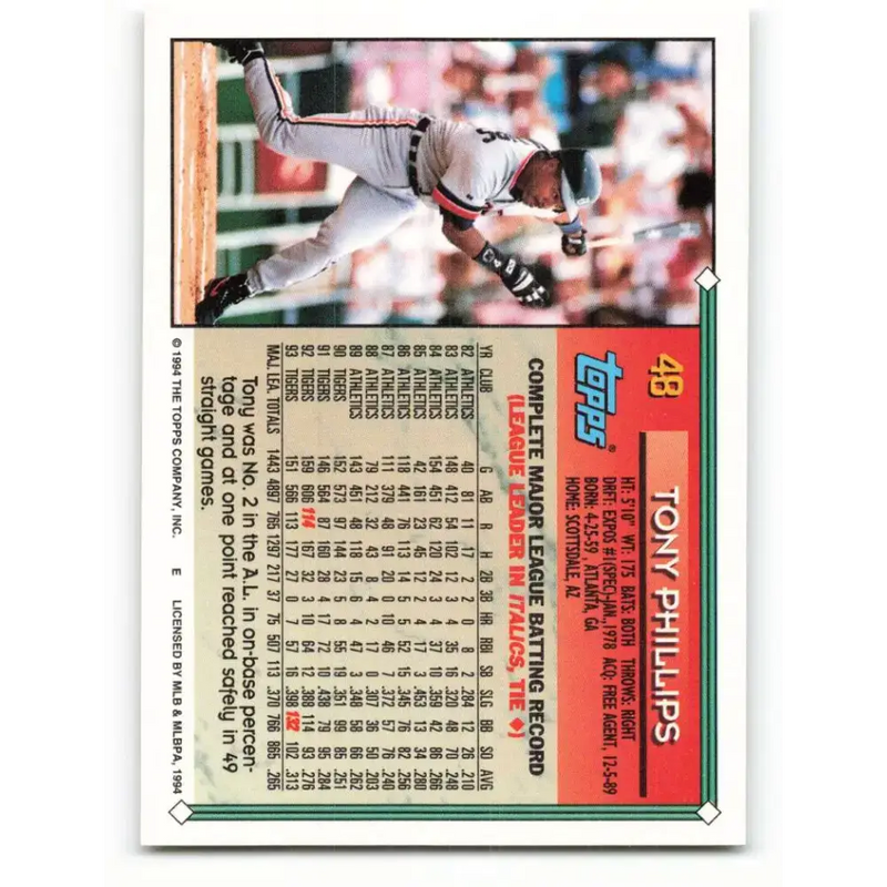 1994 Topps #48 Tony Phillips EX Excellent Detroit Tigers Baseball Card - Baseball Card Single
