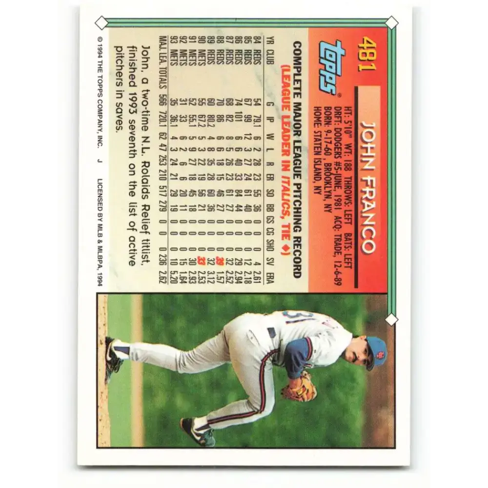 1994 Topps #481 John Franco EX Excellent New York Mets Baseball Card - Baseball Card Single