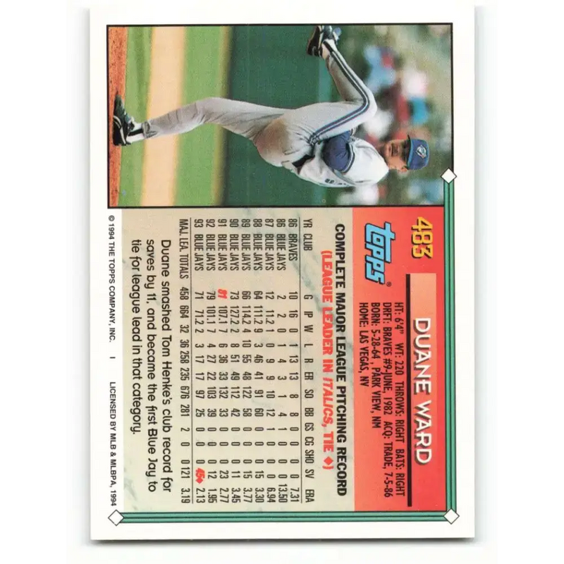 1994 Topps #483 Duane Ward EX Excellent Toronto Blue Jays Baseball Card - Baseball Card Single