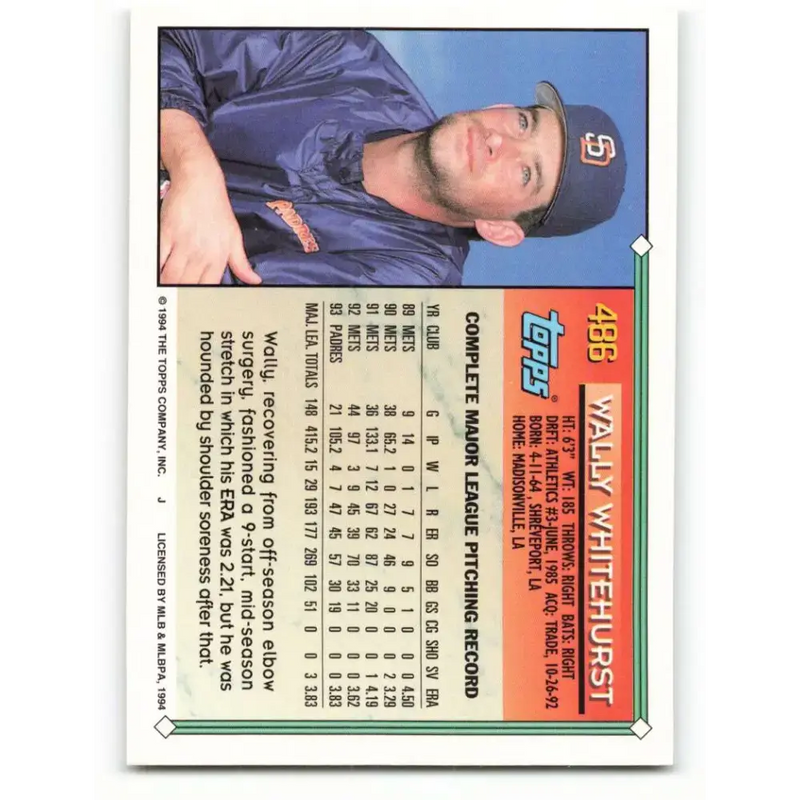1994 Topps #486 Wally Whitehurst EX Excellent San Diego Padres Baseball Card - Baseball Card Single