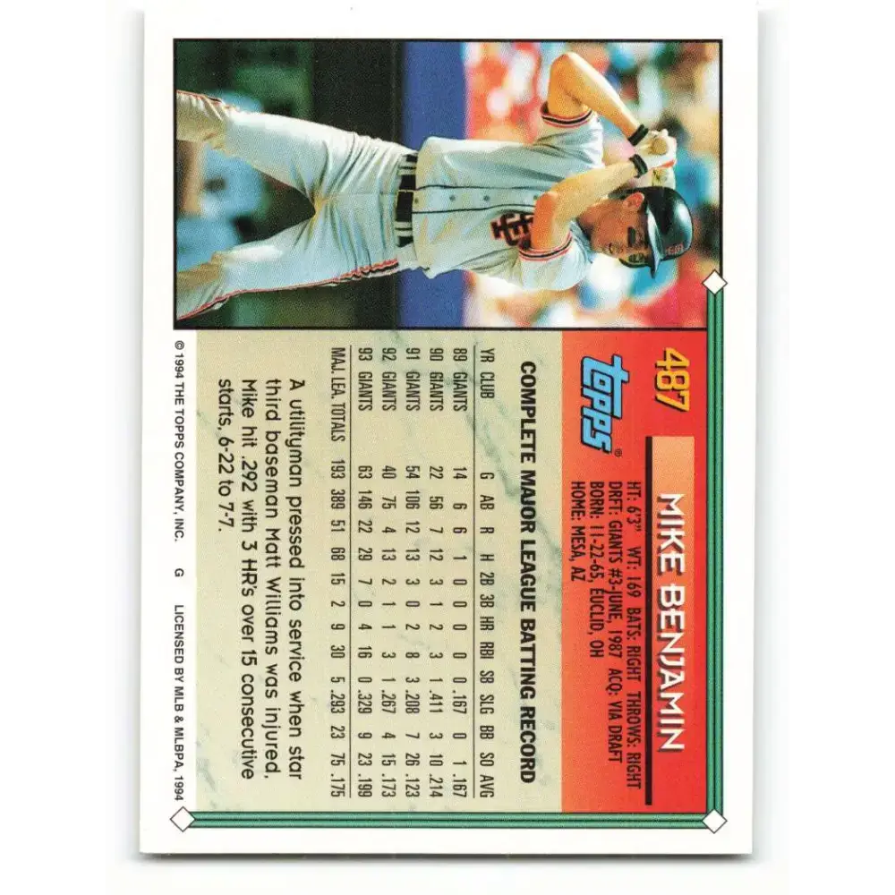 1994 Topps #487 Mike Benjamin EX Excellent San Francisco Giants Baseball Card - Baseball Card Single