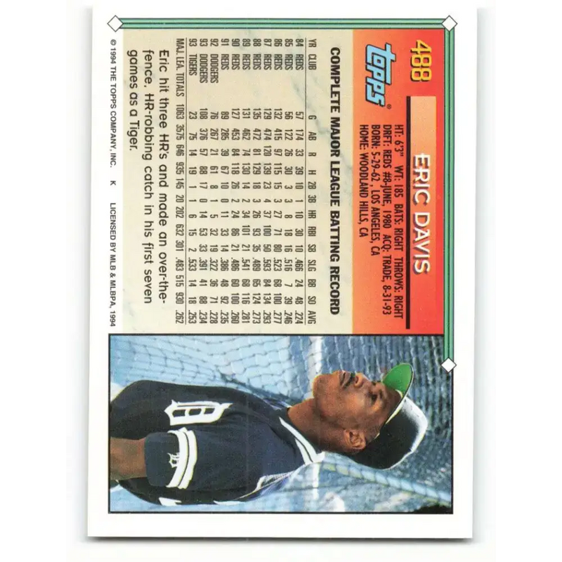 1994 Topps #488 Eric Davis EX Excellent Detroit Tigers Baseball Card - Baseball Card Single