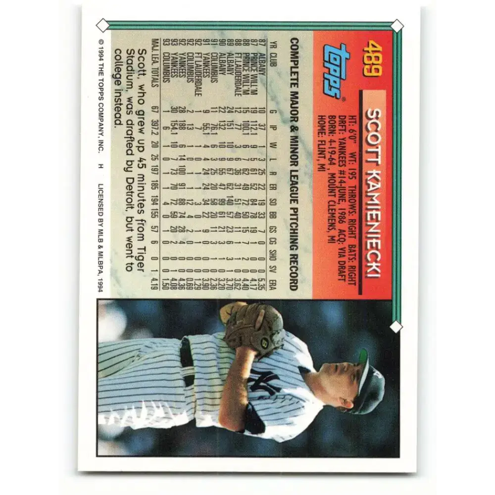 1994 Topps #489 Scott Kamieniecki EX Excellent New York Yankees Baseball Card - Baseball Card Single