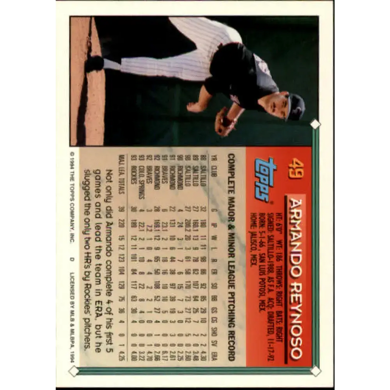 1994 Topps #49 Armando Reynoso EX Excellent Colorado Rockies Baseball Card - Baseball Card Single