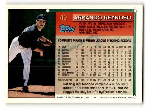 Baseball card of Armando Reynoso NRMT with stats, from 1994 Topps #49
