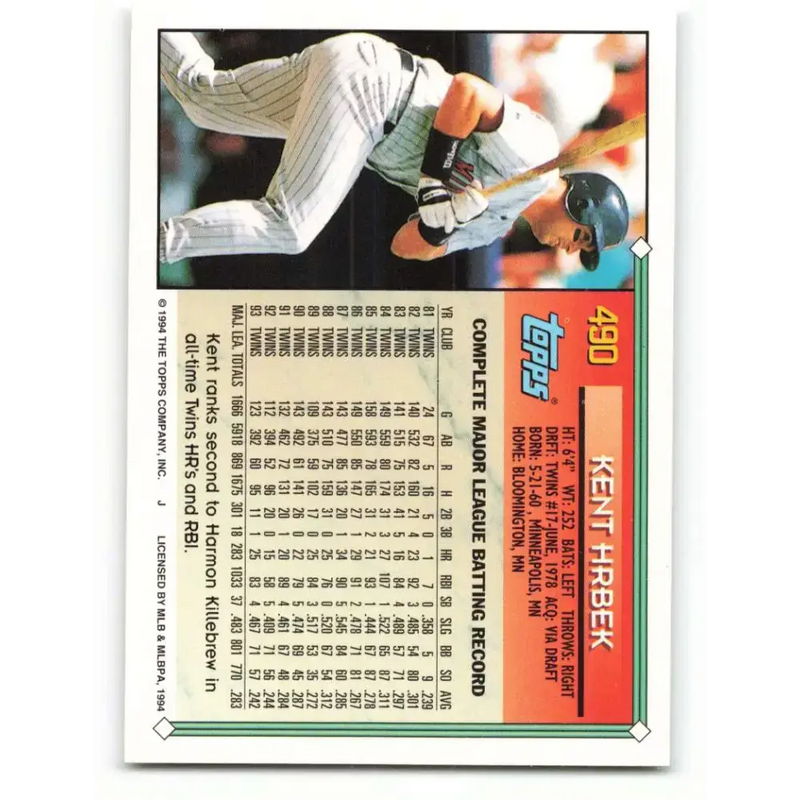 1994 Topps #490 Kent Hrbek EX Excellent Minnesota Twins Baseball Card - Baseball Card Single
