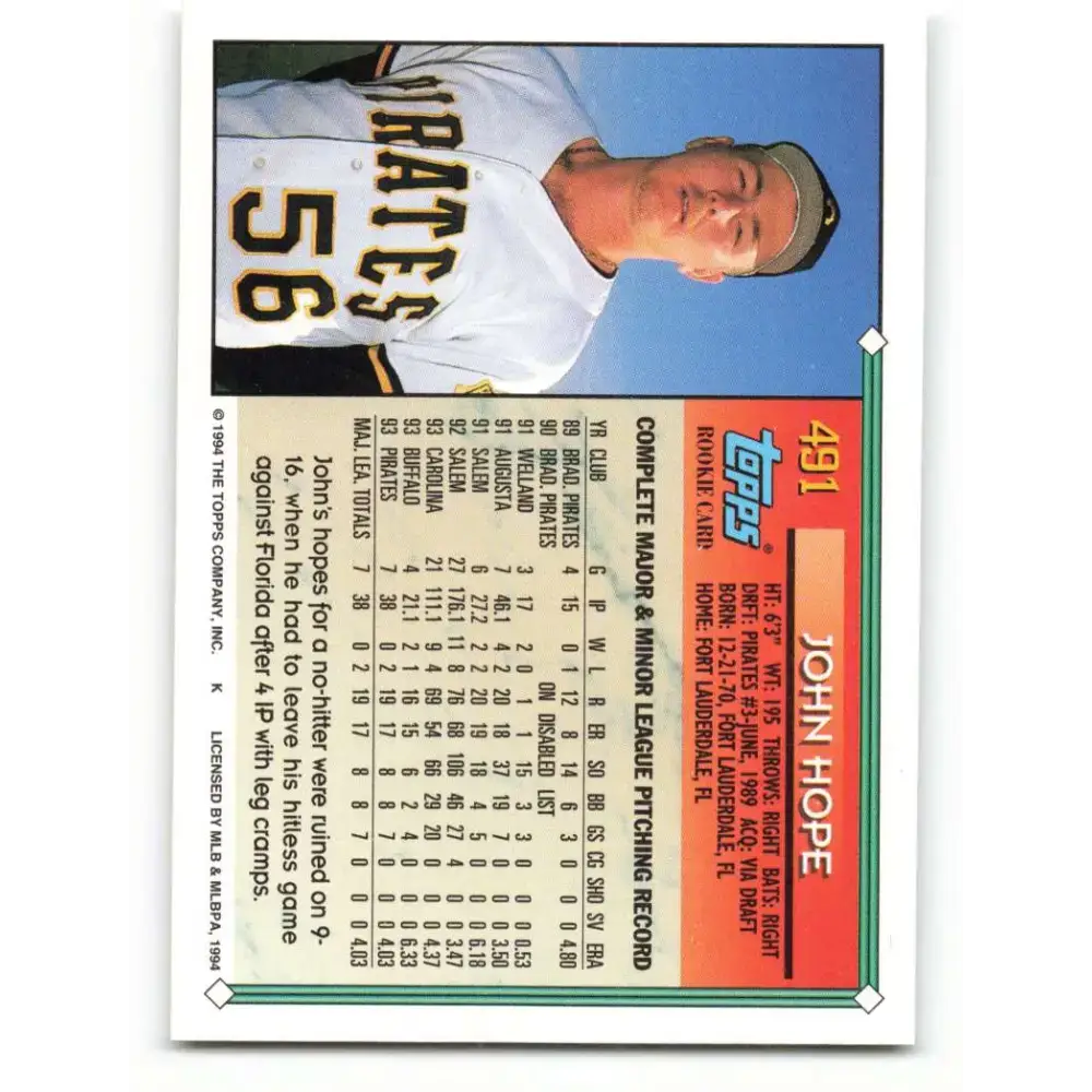 1994 Topps #491 John Hope EX Excellent RC Rookie Pittsburgh Pirates Baseball Card - Baseball Card Single