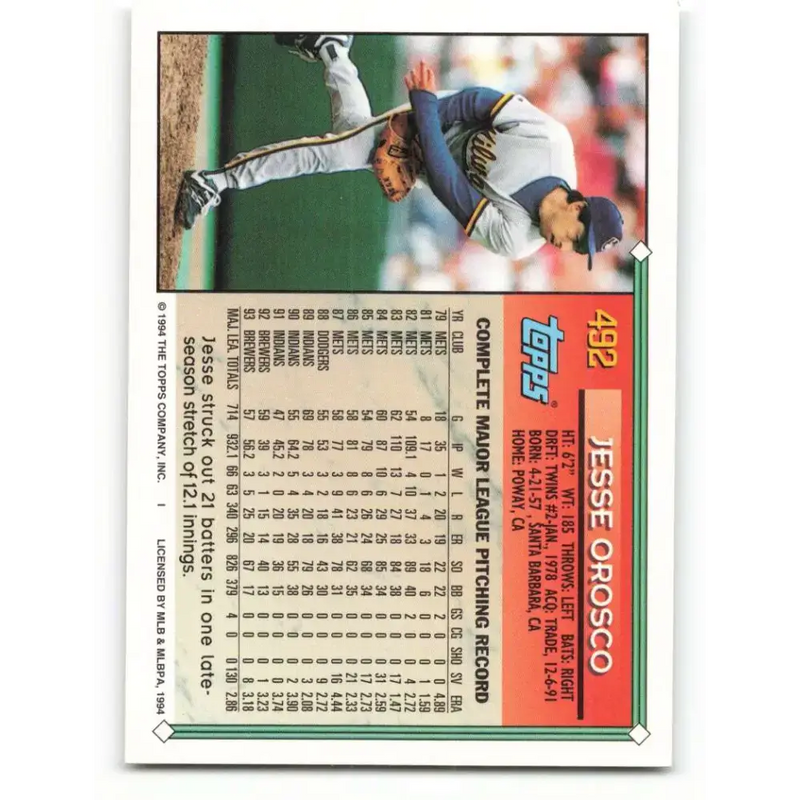 1994 Topps #492 Jesse Orosco EX Excellent Milwaukee Brewers Baseball Card - Baseball Card Single
