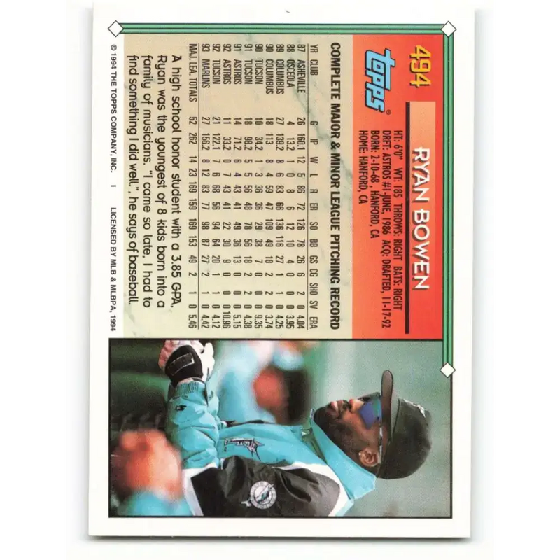 1994 Topps #494 Ryan Bowen EX Excellent Florida Marlins Baseball Card - Baseball Card Single