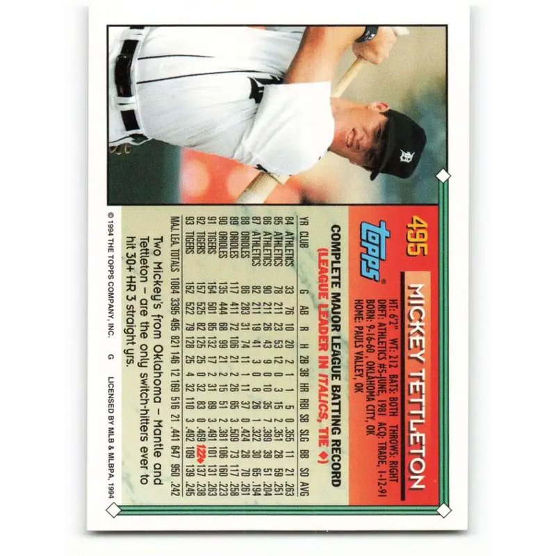1994 Topps #495 Mickey Tettleton EX Excellent Detroit Tigers Baseball Card - Baseball Card Single