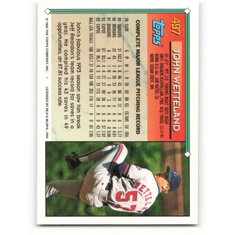 1994 Topps #497 John Wetteland EX Excellent Montreal Expos Baseball Card - Baseball Card Single