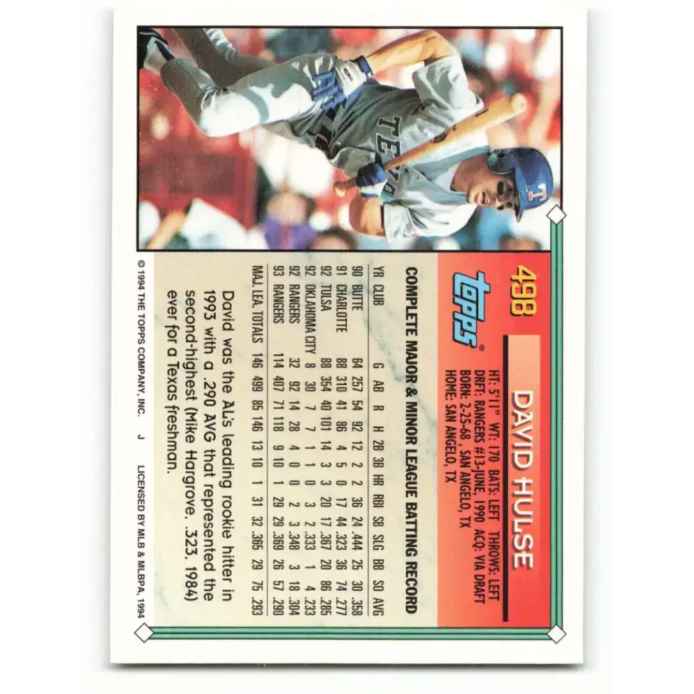 1994 Topps #498 David Hulse EX Excellent Texas Rangers Baseball Card - Baseball Card Single