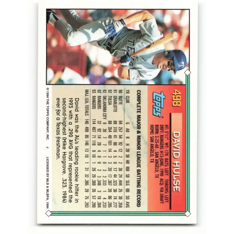 1994 Topps #498 David Hulse EX Excellent Texas Rangers Baseball Card - Baseball Card Single