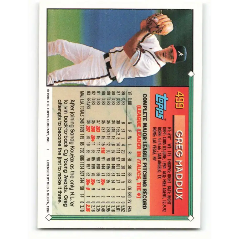 1994 Topps #499 Greg Maddux EX Excellent Atlanta Braves Baseball Card - Baseball Card Single