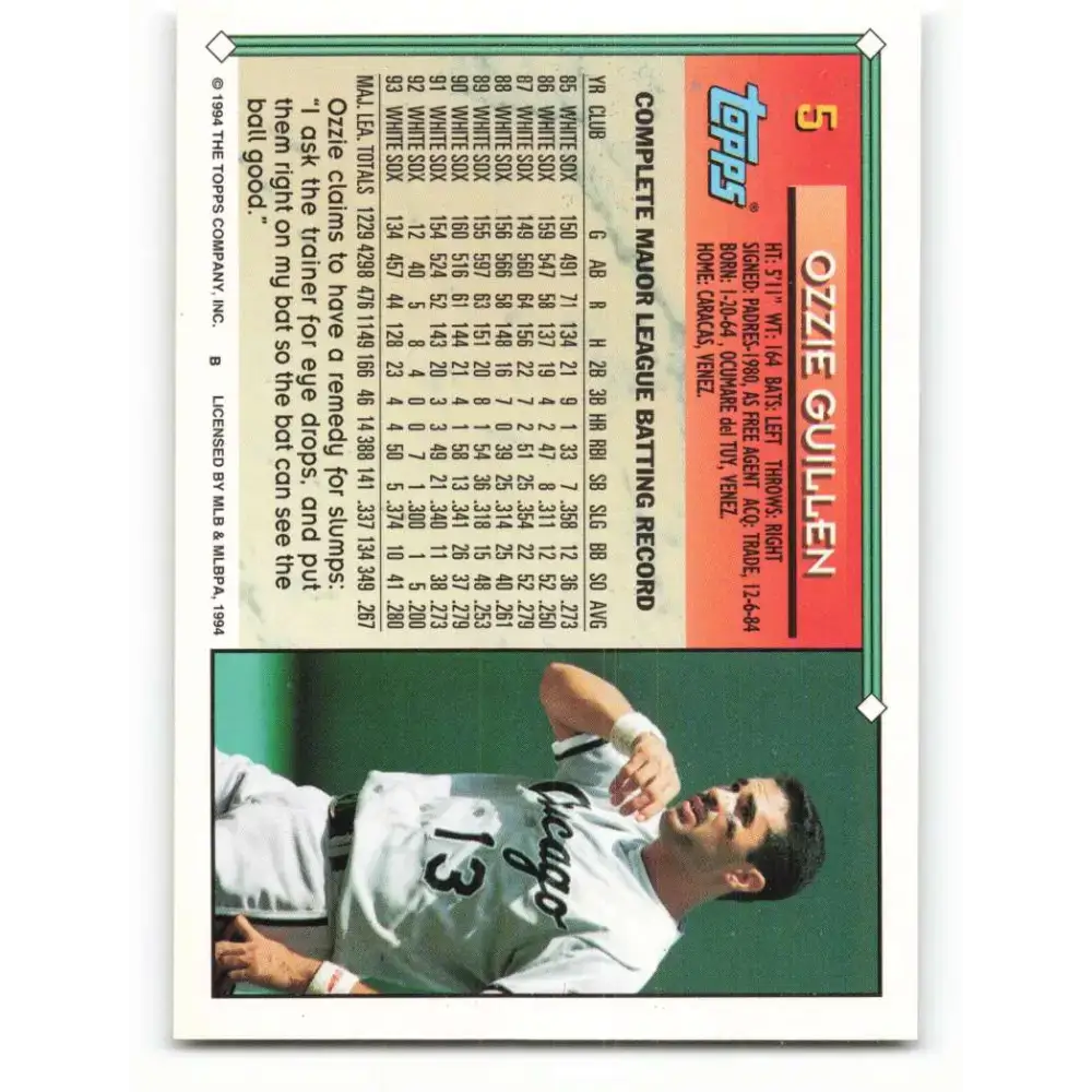 1994 Topps #5 Ozzie Guillen EX Excellent Chicago White Sox Baseball Card - Baseball Card Single