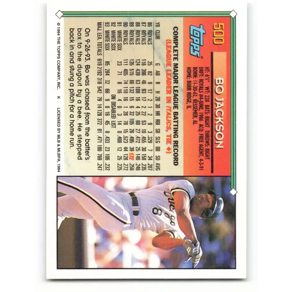 1994 Topps #500 Bo Jackson EX Excellent Chicago White Sox Baseball Card - Baseball Card Single