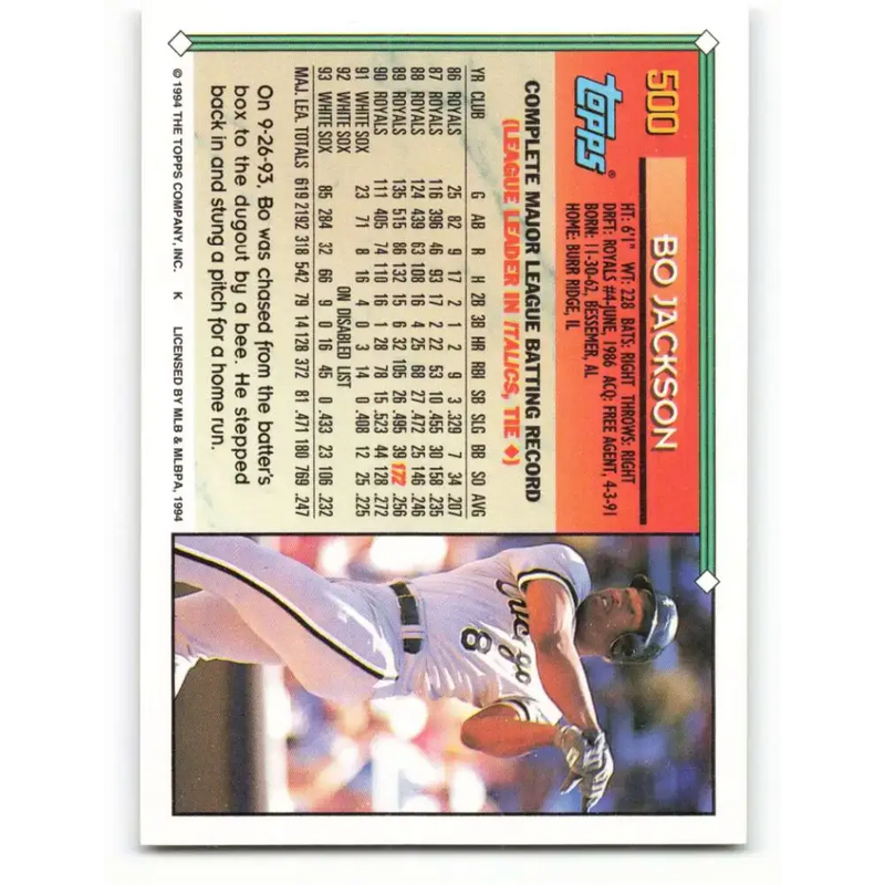 1994 Topps #500 Bo Jackson EX Excellent Chicago White Sox Baseball Card - Baseball Card Single