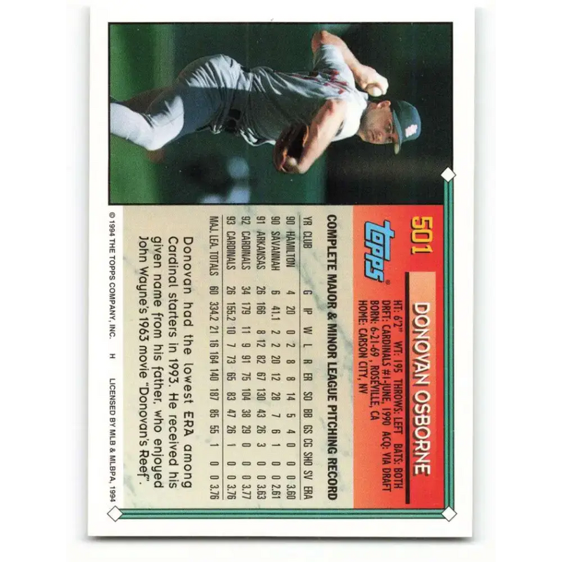 1994 Topps #501 Donovan Osborne EX Excellent St. Louis Cardinals Baseball Card - Baseball Card Single