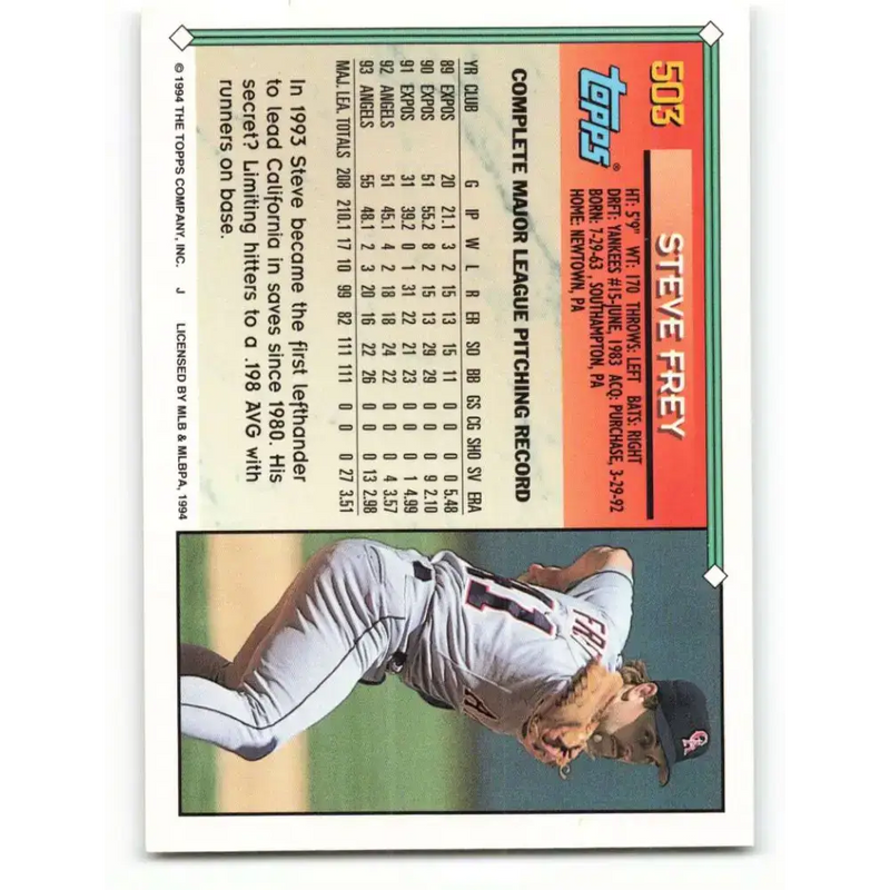 1994 Topps #503 Steve Frey EX Excellent California Angels Baseball Card - Baseball Card Single