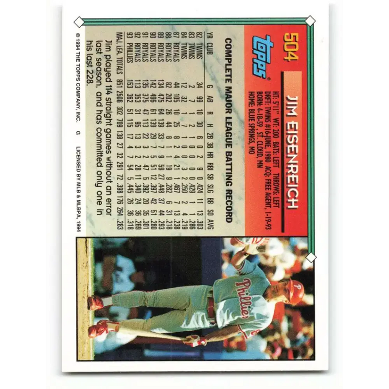 1994 Topps #504 Jim Eisenreich EX Excellent Philadelphia Phillies Baseball Card - Baseball Card Single