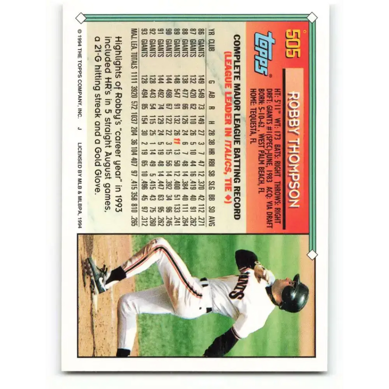 1994 Topps #505 Robby Thompson EX Excellent San Francisco Giants Baseball Card - Baseball Card Single