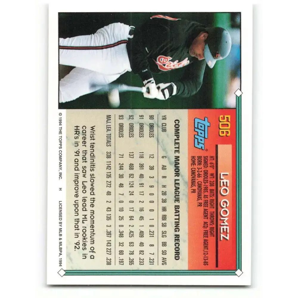 1994 Topps #506 Leo Gomez EX Excellent Baltimore Orioles Baseball Card - Baseball Card Single
