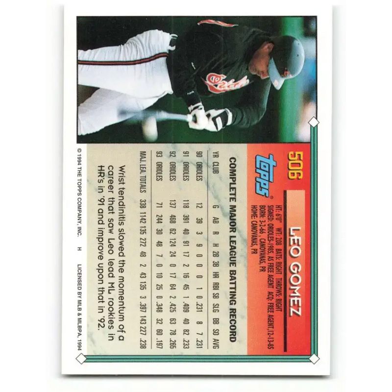 1994 Topps #506 Leo Gomez EX Excellent Baltimore Orioles Baseball Card - Baseball Card Single