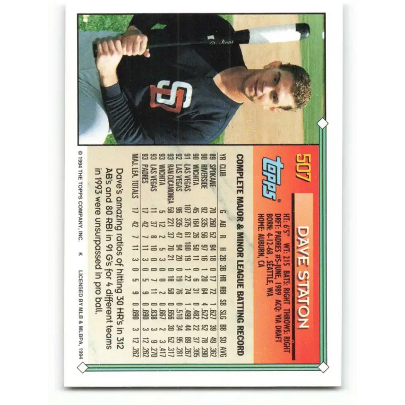 1994 Topps #507 Dave Staton EX Excellent San Diego Padres Baseball Card - Baseball Card Single