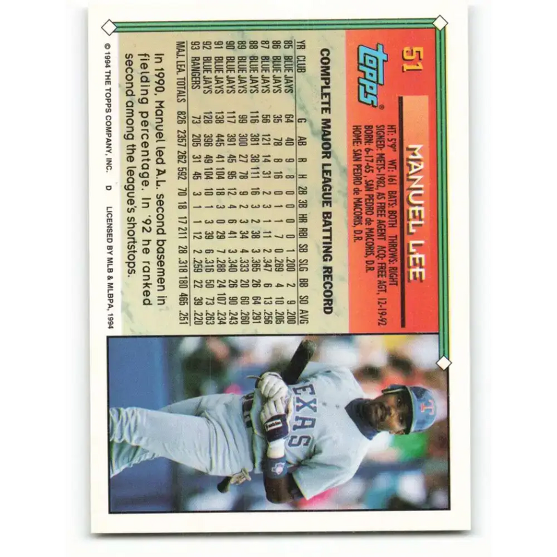 1994 Topps #51 Manuel Lee EX Excellent Texas Rangers Baseball Card - Baseball Card Single