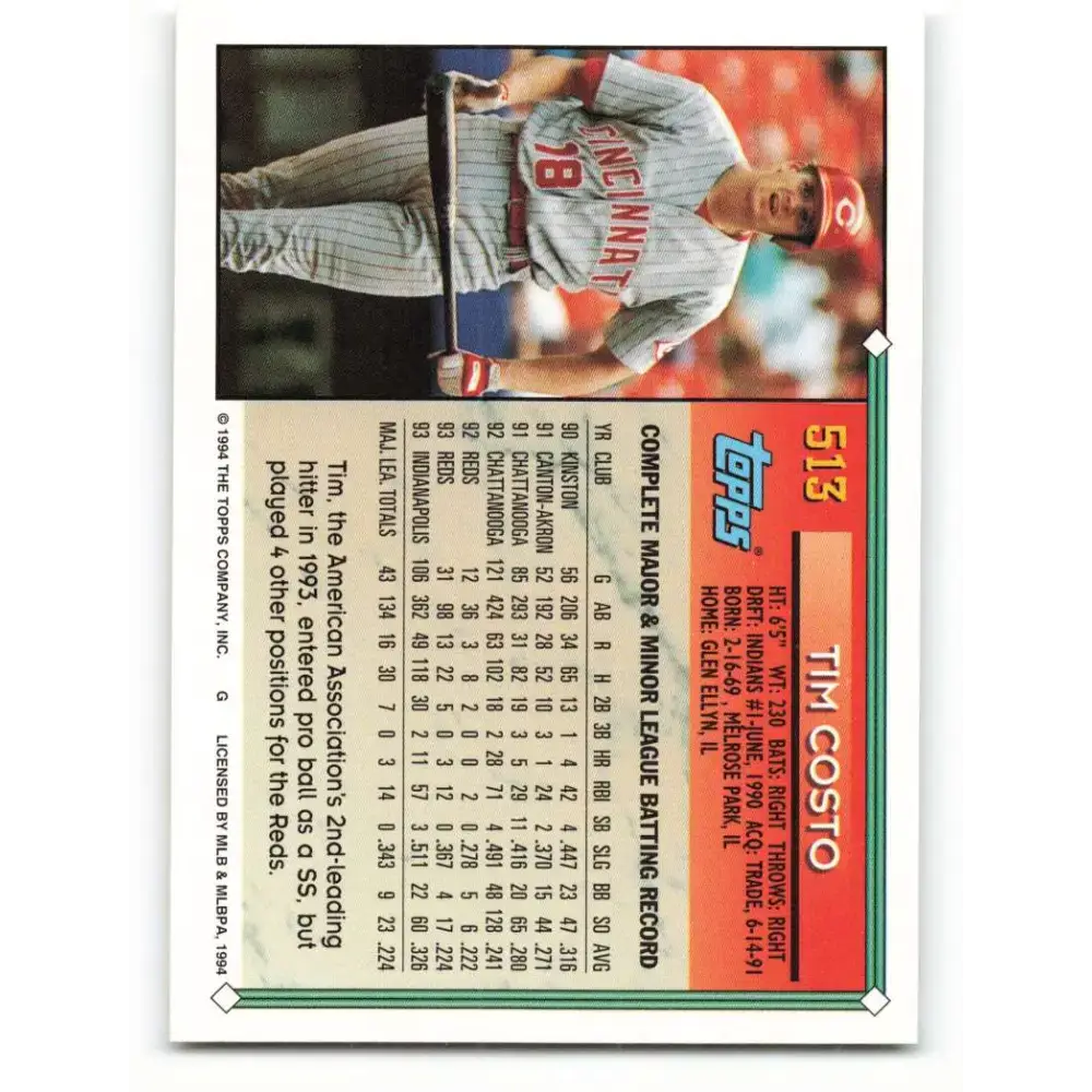 1994 Topps #513 Tim Costo EX Excellent Cincinnati Reds Baseball Card - Baseball Card Single