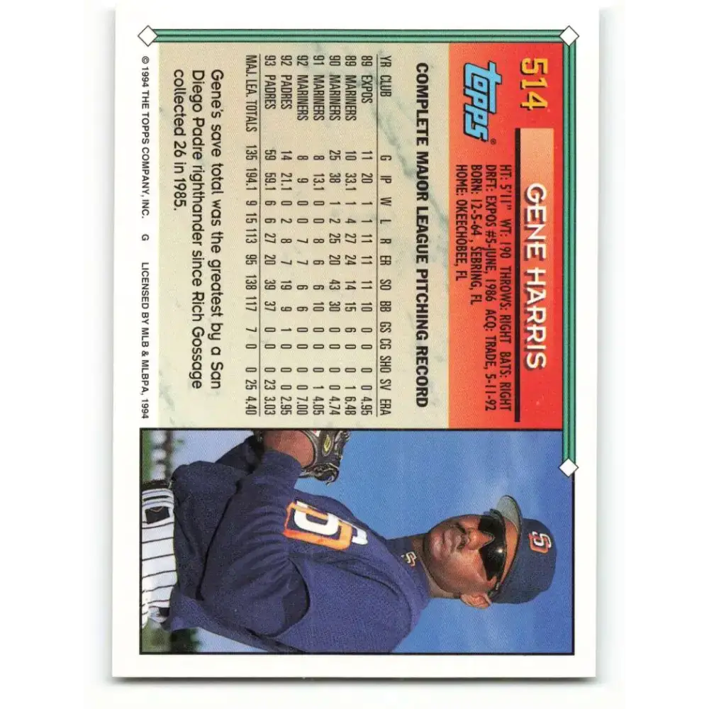 1994 Topps #514 Gene Harris EX Excellent San Diego Padres Baseball Card - Baseball Card Single