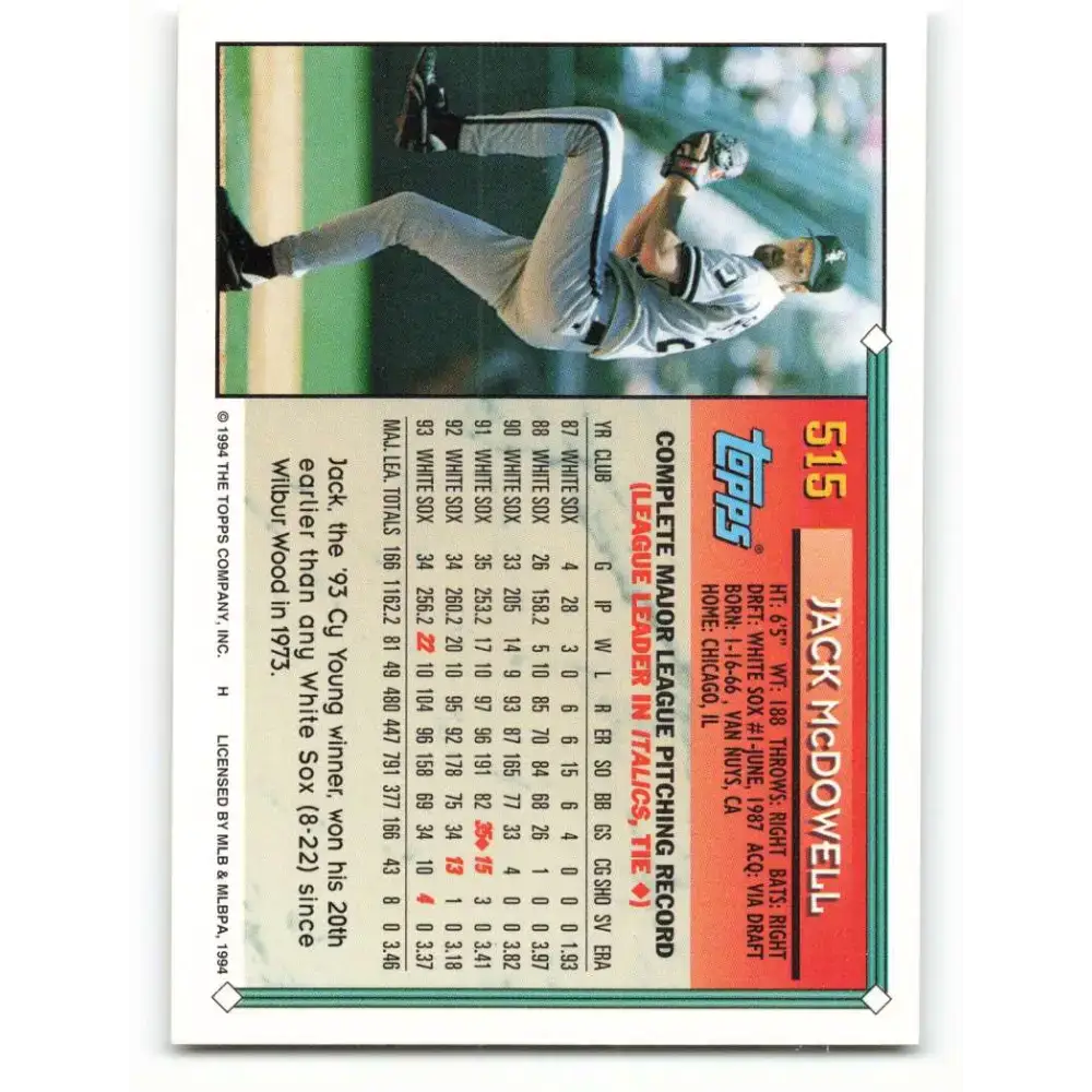 1994 Topps #515 Jack McDowell EX Excellent Chicago White Sox Baseball Card - Baseball Card Single