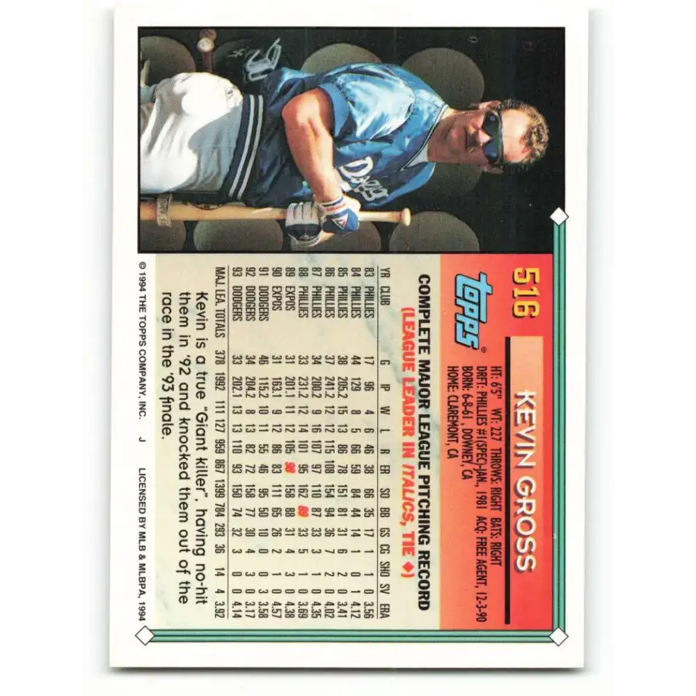 1994 Topps #516 Kevin Gross EX Excellent Los Angeles Dodgers Baseball Card - Baseball Card Single