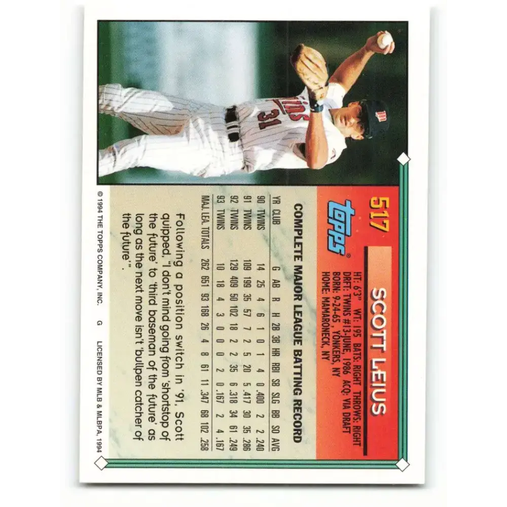 1994 Topps #517 Scott Leius EX Excellent Minnesota Twins Baseball Card - Baseball Card Single