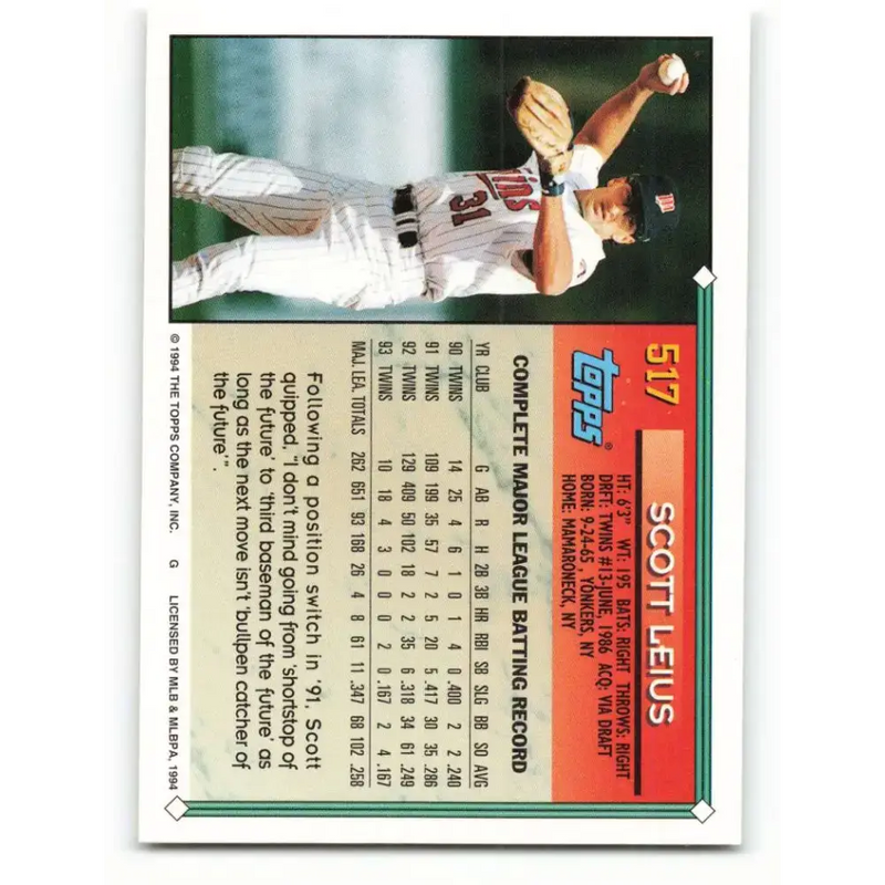 1994 Topps #517 Scott Leius EX Excellent Minnesota Twins Baseball Card - Baseball Card Single