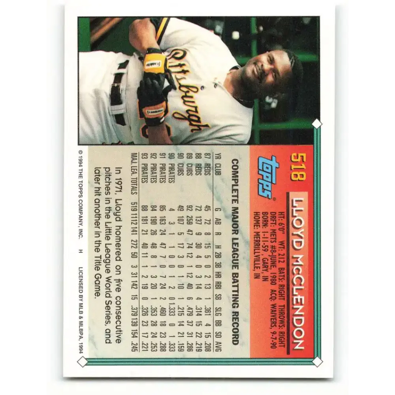 1994 Topps #518 Lloyd McClendon EX Excellent Pittsburgh Pirates Baseball Card - Baseball Card Single