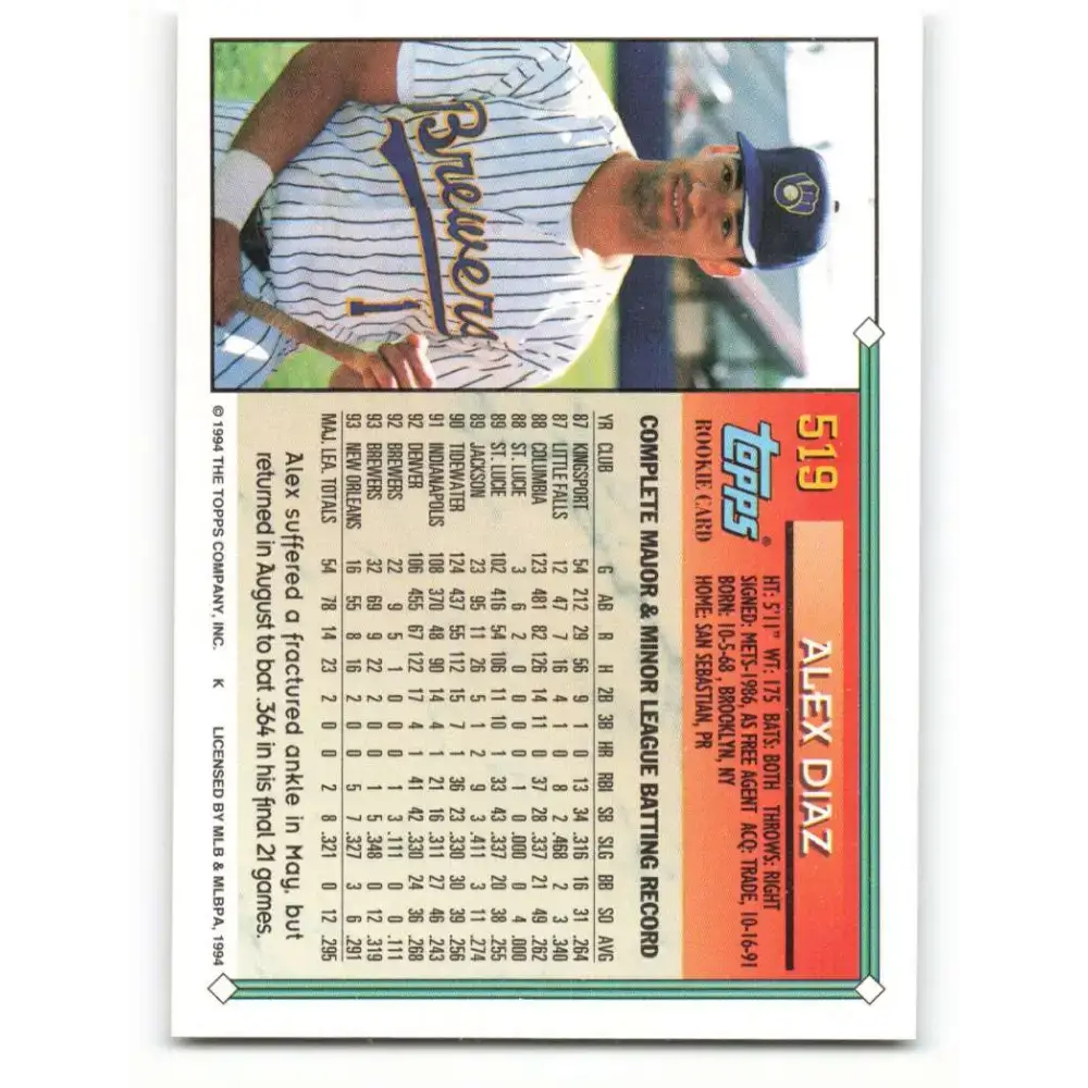 1994 Topps #519 Alex Diaz EX Excellent RC Rookie Milwaukee Brewers Baseball Card