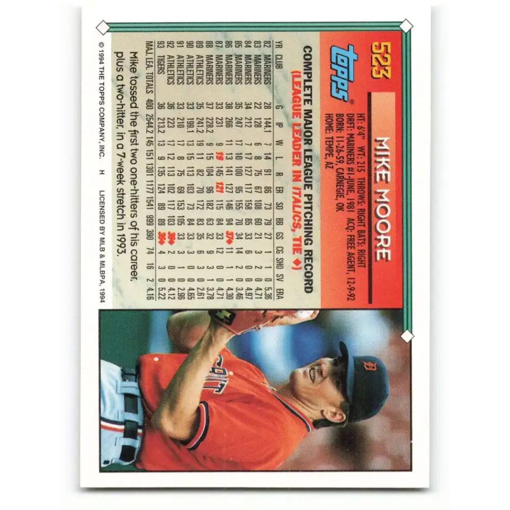 1994 Topps #523 Mike Moore EX Excellent Detroit Tigers Baseball Card - Baseball Card Single