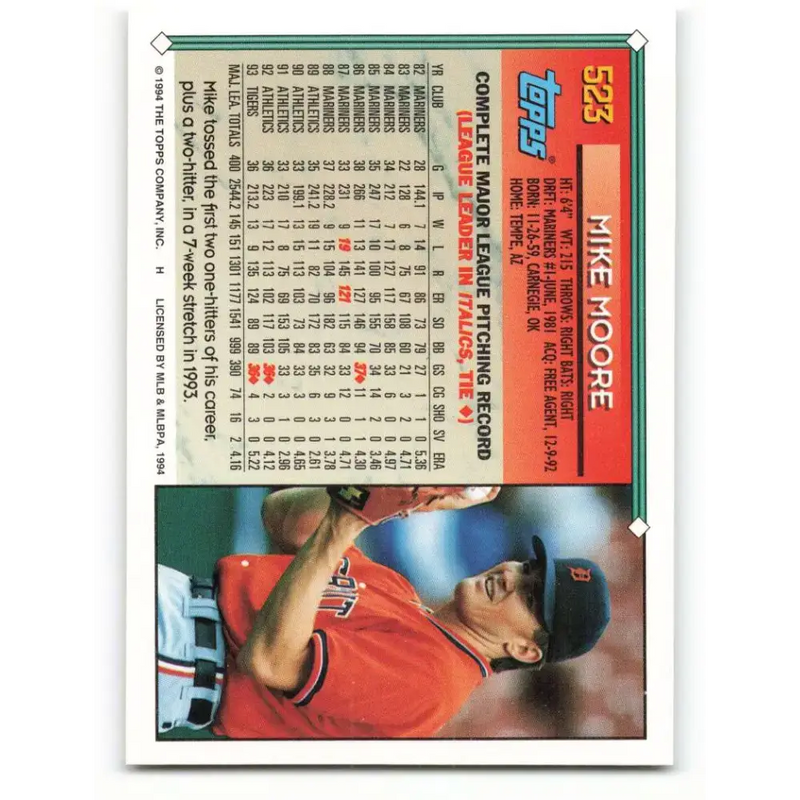 1994 Topps #523 Mike Moore EX Excellent Detroit Tigers Baseball Card - Baseball Card Single