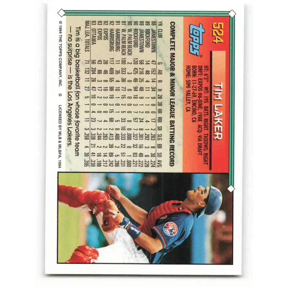 1994 Topps #524 Tim Laker EX Excellent Montreal Expos Baseball Card - Baseball Card Single