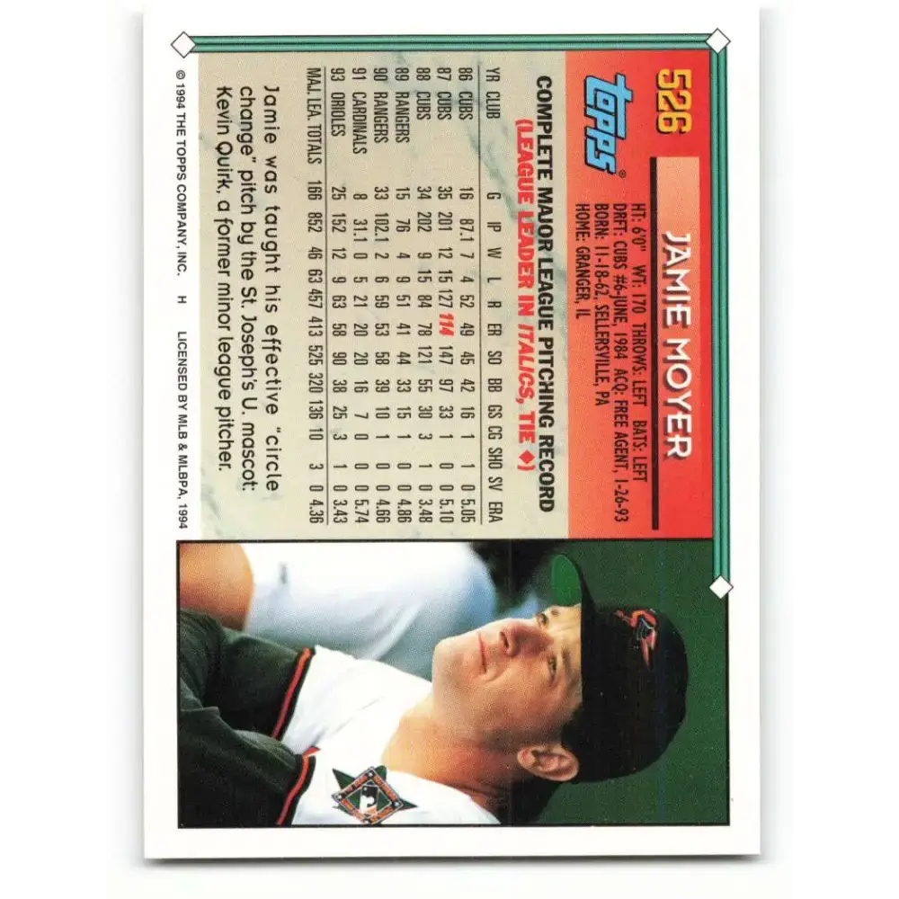 1994 Topps #526 Jamie Moyer EX Excellent Baltimore Orioles Baseball Card - Baseball Card Single