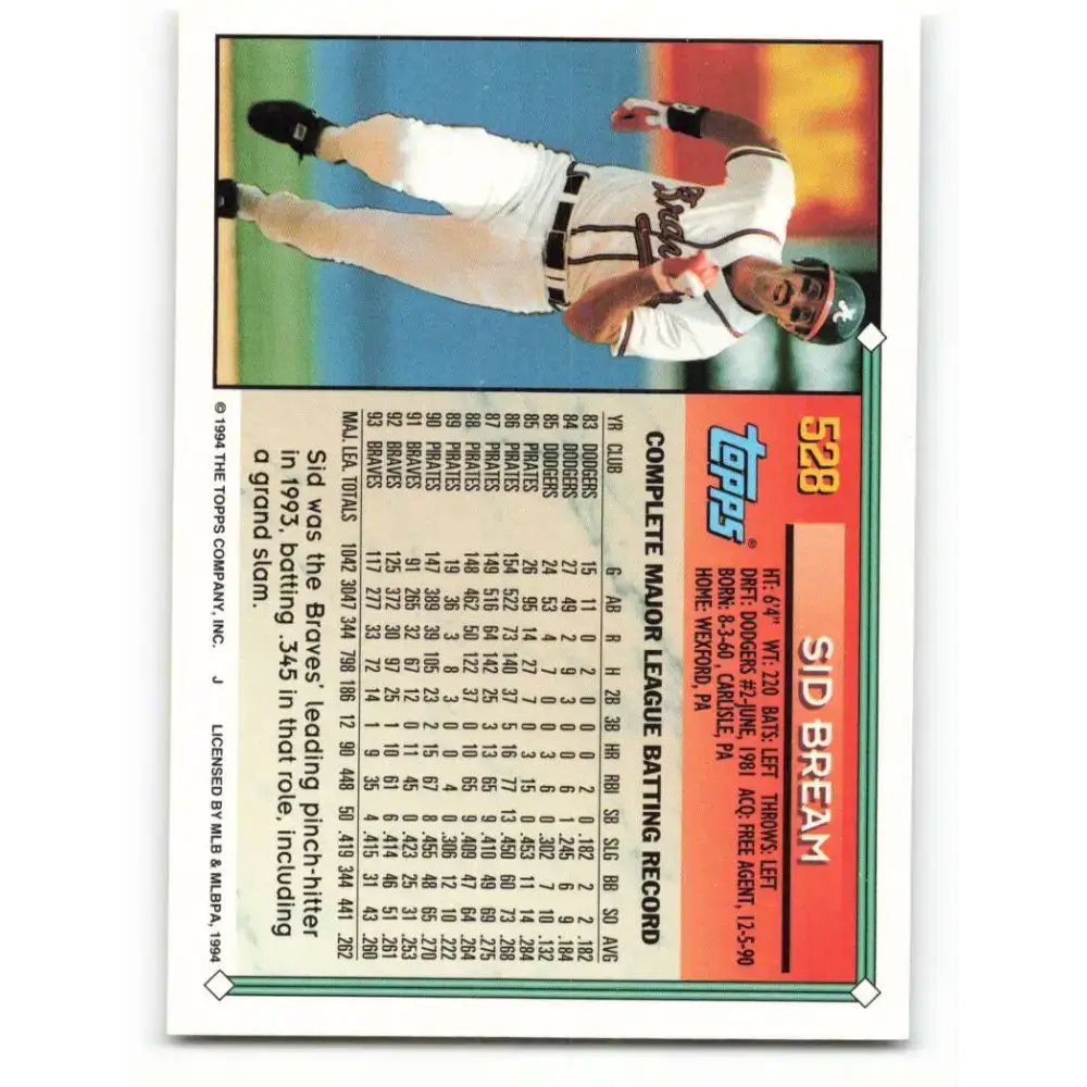 1994 Topps #528 Sid Bream EX Excellent Atlanta Braves Baseball Card - Baseball Card Single