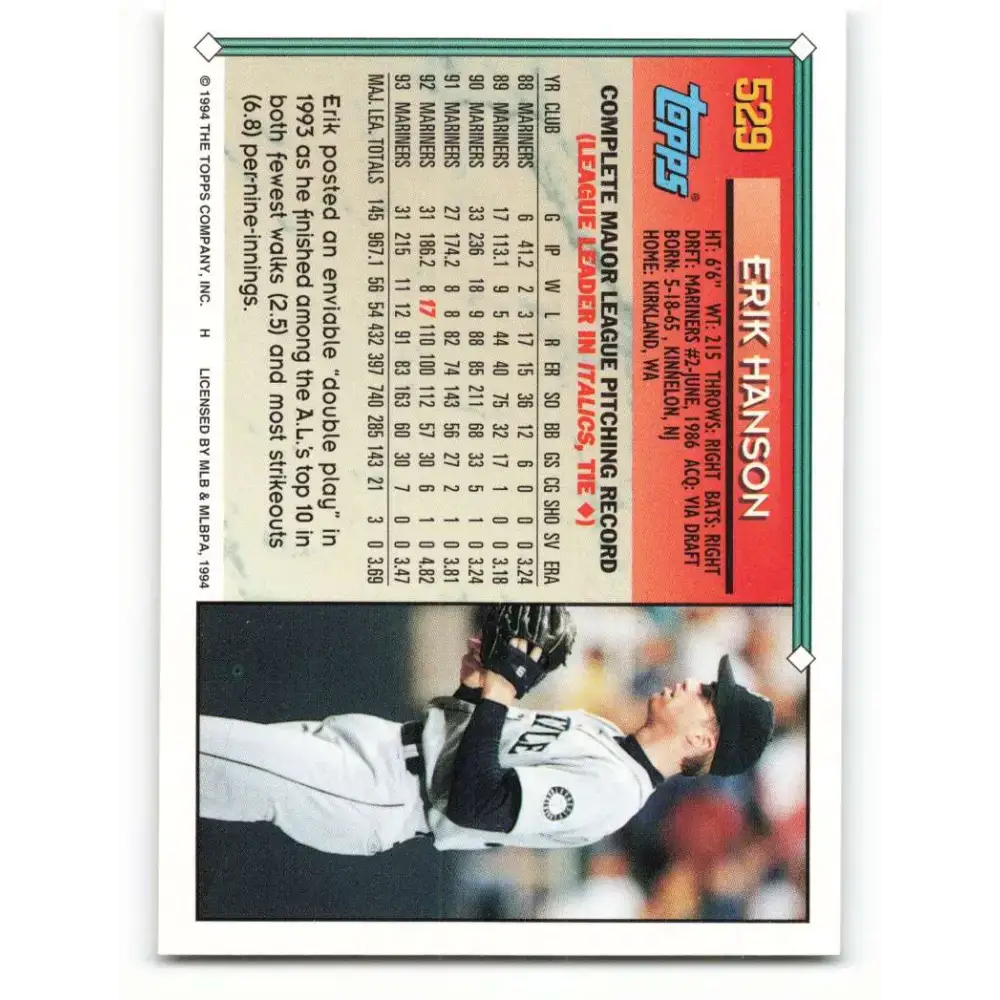 1994 Topps #529 Erik Hanson EX Excellent Seattle Mariners Baseball Card - Baseball Card Single