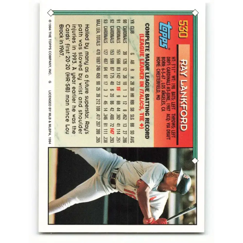 1994 Topps #530 Ray Lankford EX Excellent St. Louis Cardinals Baseball Card - Baseball Card Single