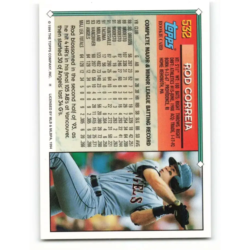 1994 Topps #532 Rod Correia EX Excellent California Angels Baseball Card - Baseball Card Single