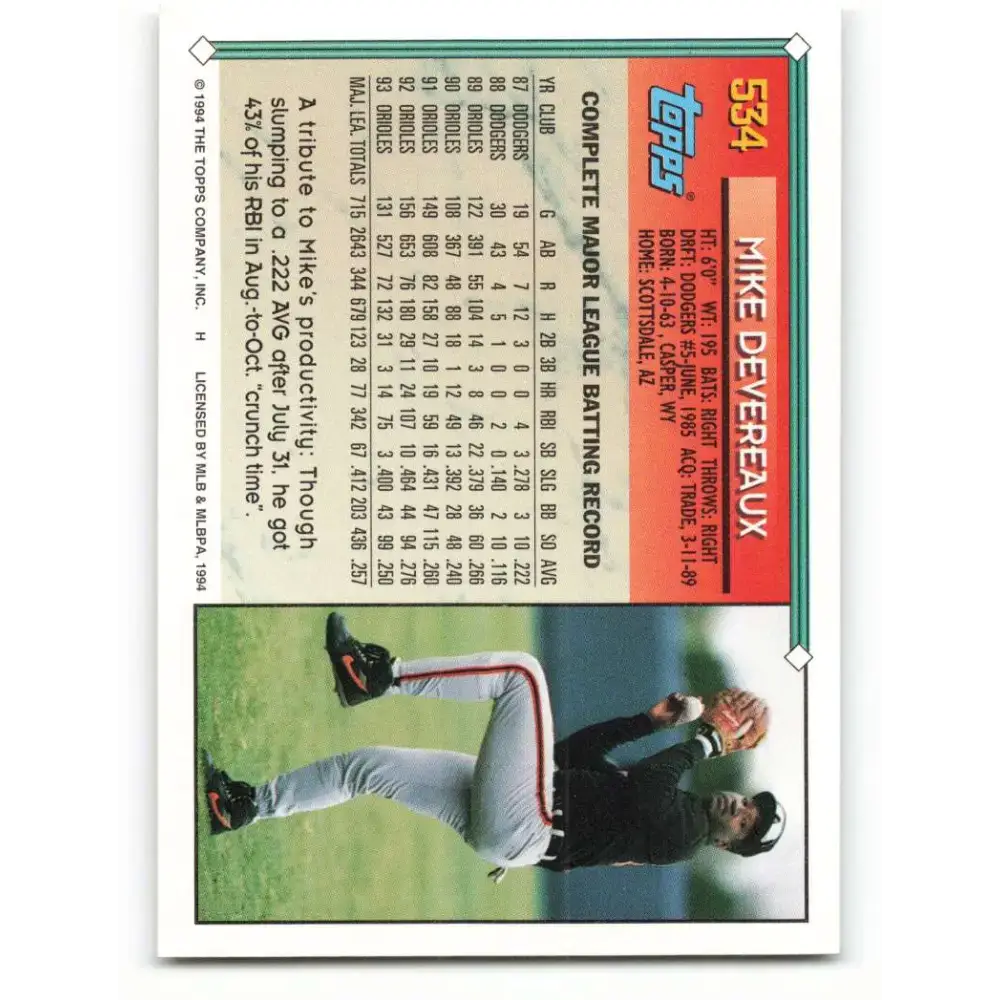 1994 Topps #534 Mike Devereaux EX Excellent Baltimore Orioles Baseball Card