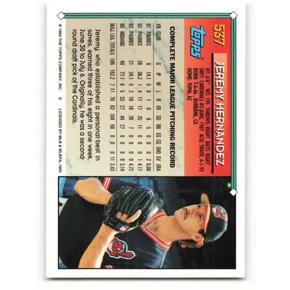 1994 Topps #537 Jeremy Hernandez EX Excellent Cleveland Indians Baseball Card