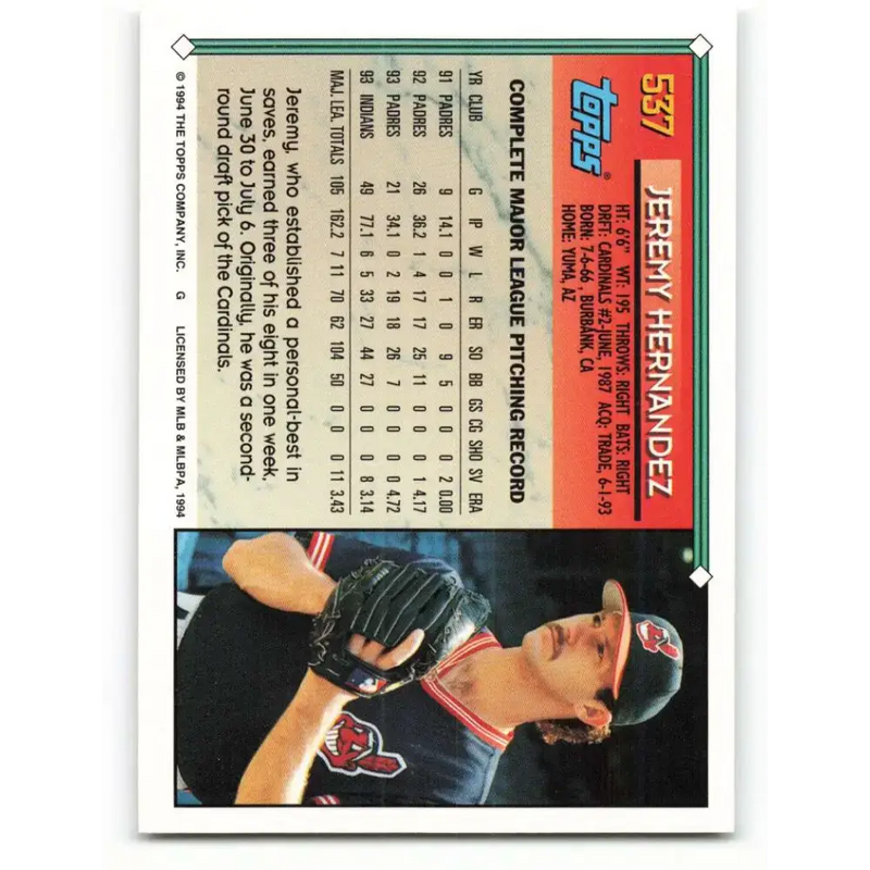 1994 Topps #537 Jeremy Hernandez EX Excellent Cleveland Indians Baseball Card