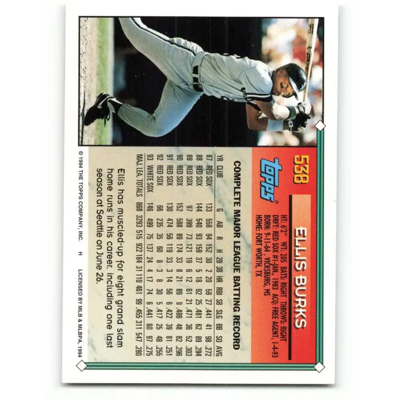 1994 Topps #538 Ellis Burks EX Excellent Chicago White Sox Baseball Card - Baseball Card Single
